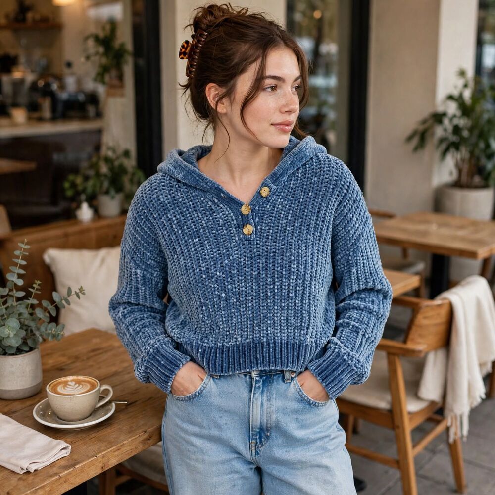 AÉROPOSTALE Chenille Henley Neck Hooded Blue Cropped Sweater M Y2k Cottagecore
